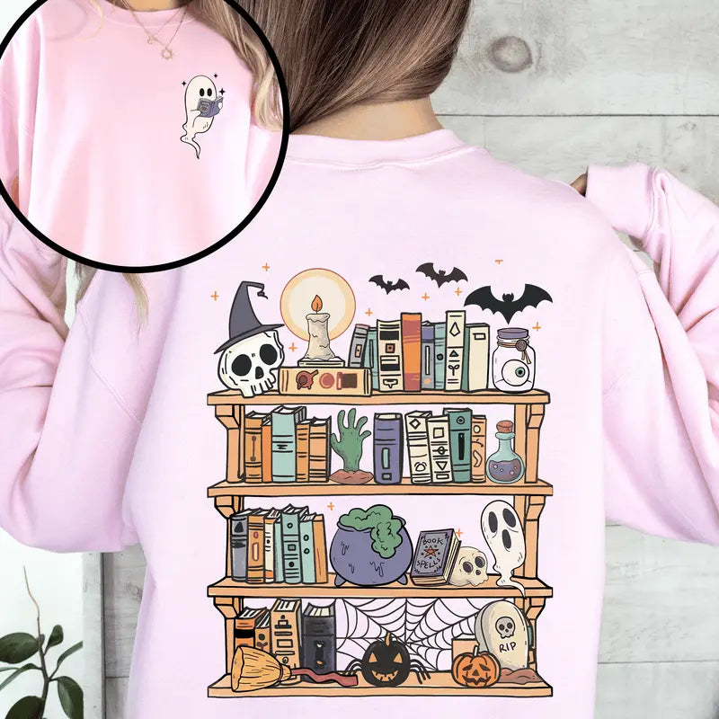 Reading Ghost Halloween Sweatshirt - Spooky Cute Library Teacher Pullover (Front & Back Print)