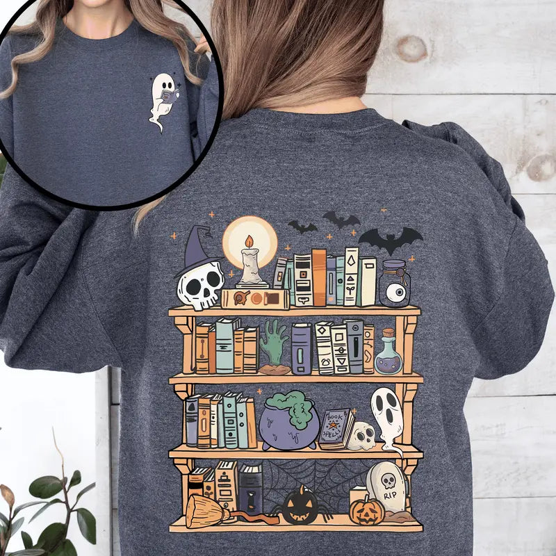Reading Ghost Halloween Sweatshirt - Spooky Cute Library Teacher Pullover (Front & Back Print)