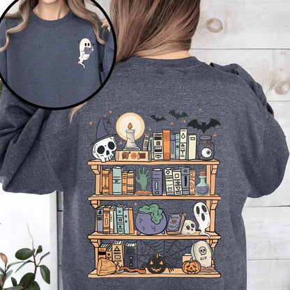 Reading Ghost Halloween Sweatshirt - Spooky Cute Library Teacher Pullover (Front & Back Print)